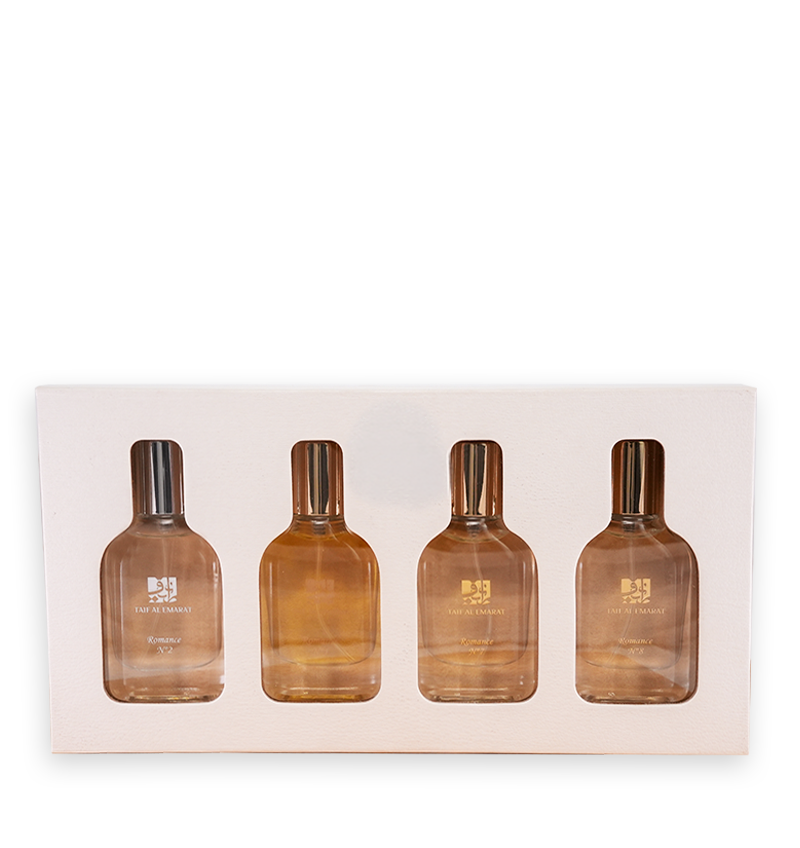 Four romance perfume bottles on luxury gift box, Gift Set 4 Pieces From Romance Collection 15ml - best wedding anniversary gift for wife