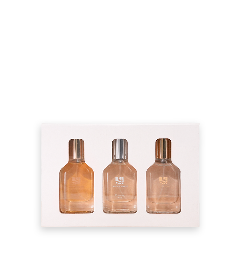 Three perfume bottles displayed on gift box, Taif Gift Set From Romance Collection 15ml - fancy valentine's day gift box in dubai