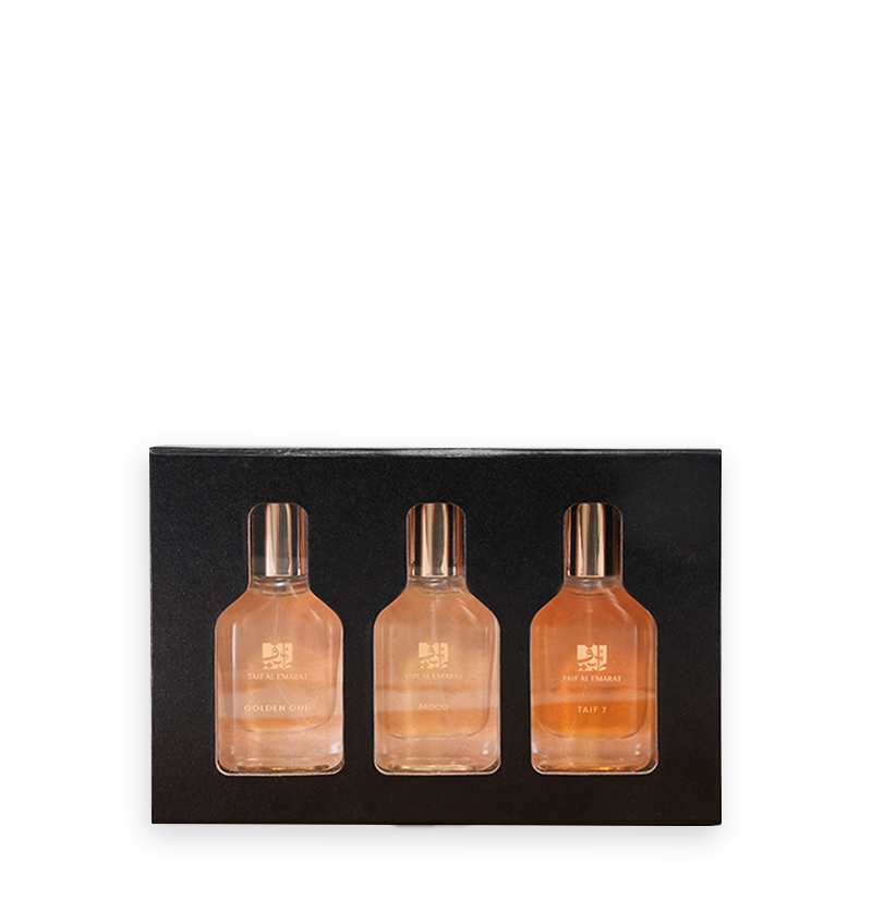 Three perfume bottles on luxury gift box, Taif Gift Set 3 Perfumes from Taif Collection - best valentine's day gift box in dubai