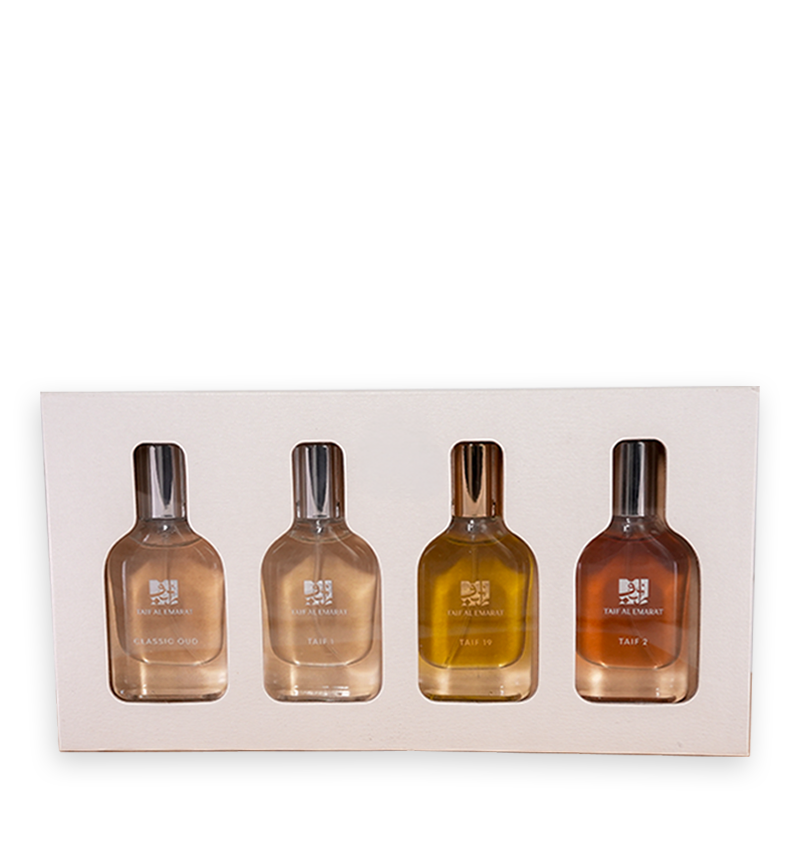 Four taif al emarat perfumes bottles on gift box, Gift Set 4 Pieces From Taif Collection - fancy valentine's day gift box
