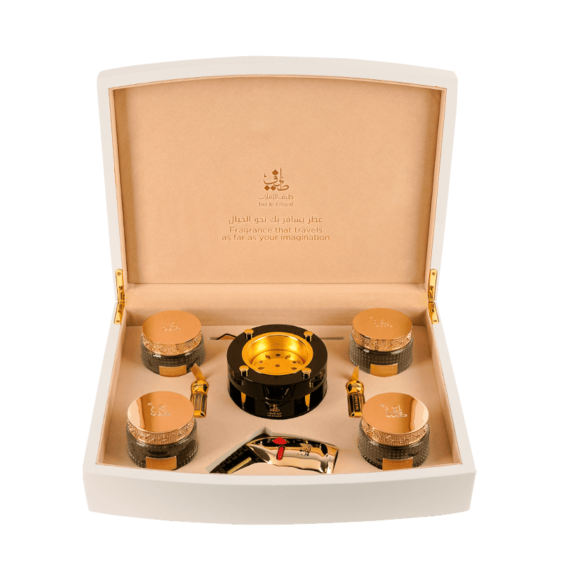 Luxury gift box holding Bakhoor, bakhoor burner and bakhoor lighter - Al Majlis Small Collection - luxury bakhoor gift box in dubai