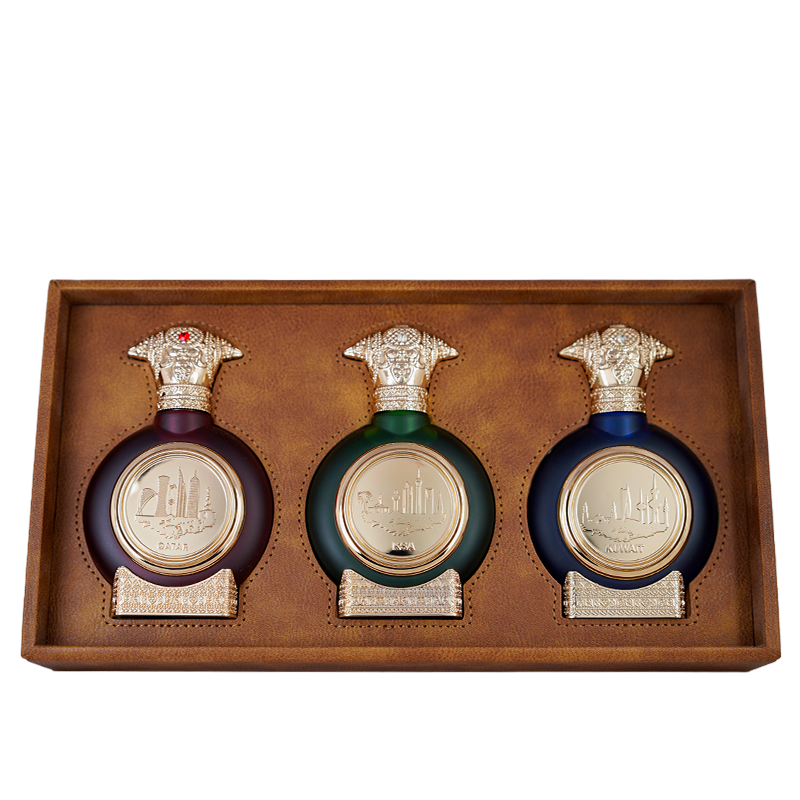 Luxury leather gift box holding three ornate perfume bottles, GCC Leather Box (3Pcs) - best engagement gifts for couples dubai