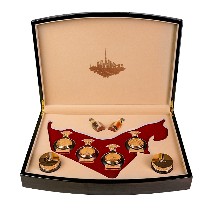 Luxury gift box holding perfume medallions, Al Etihad Box - best national day gift box in uae