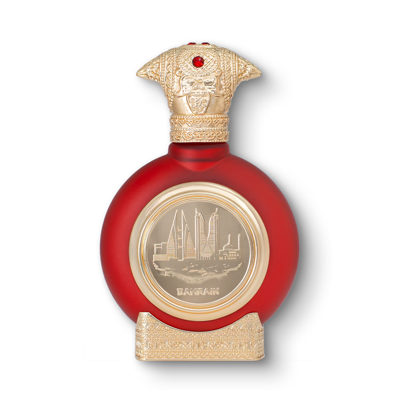 BAHRAIN unisex perfume bottle 75ml - red fancy perfume bottle, with a luxurious golden bottom and an embossed golden cap, the center of the perfume bottle embossed with a golden portrait of bahrain - strong amber perfume