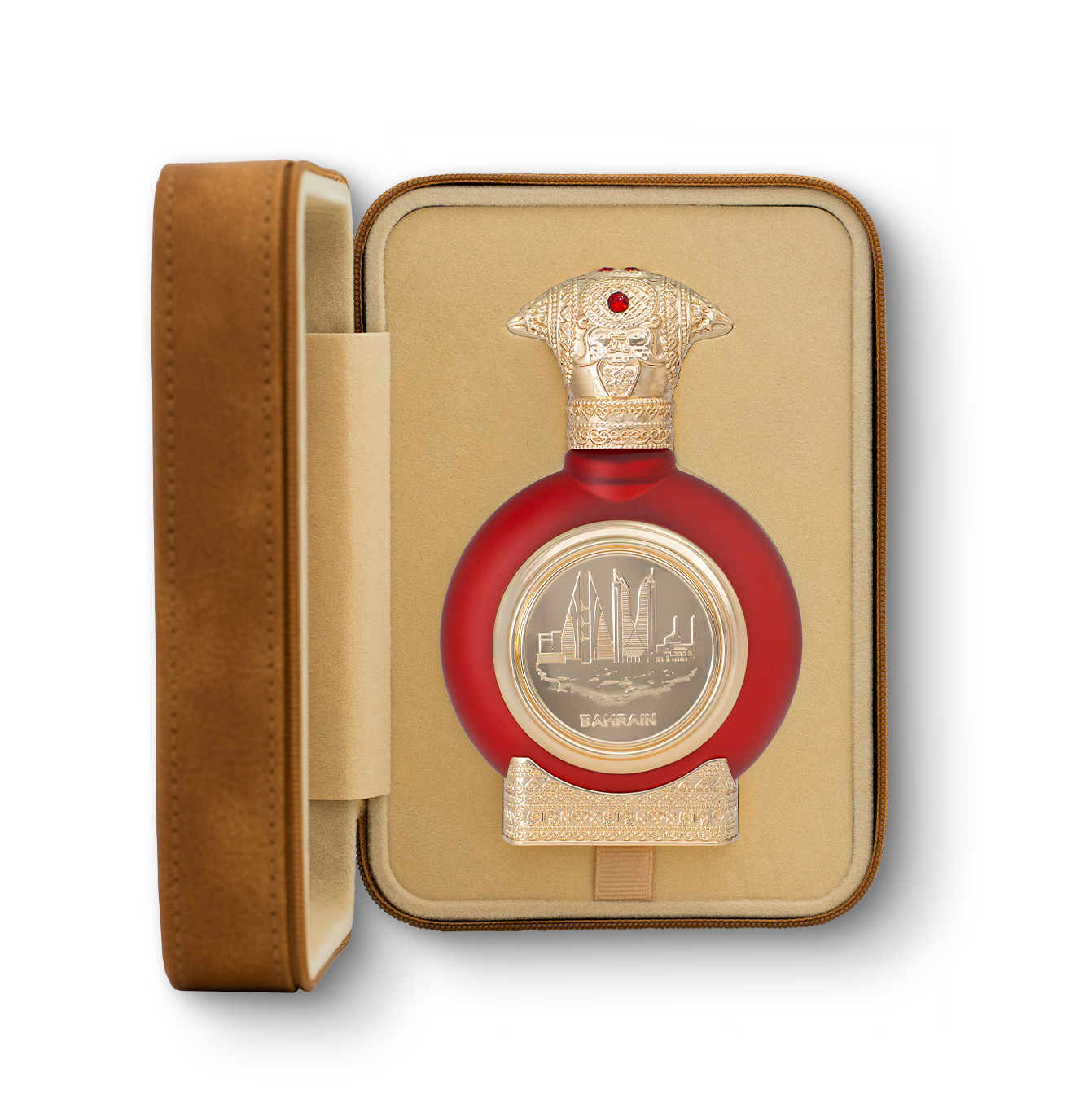 fancy leather open box in brown color contains BAHRAIN unisex perfume bottle 75ml from taif al emarat perfumes - bergamot perfume