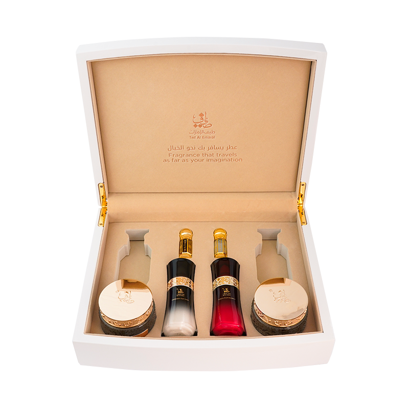Luxury gift box holding Bokhoor, essential oils, and all over body mist with empty slots - luxury women perfume gift set in uae