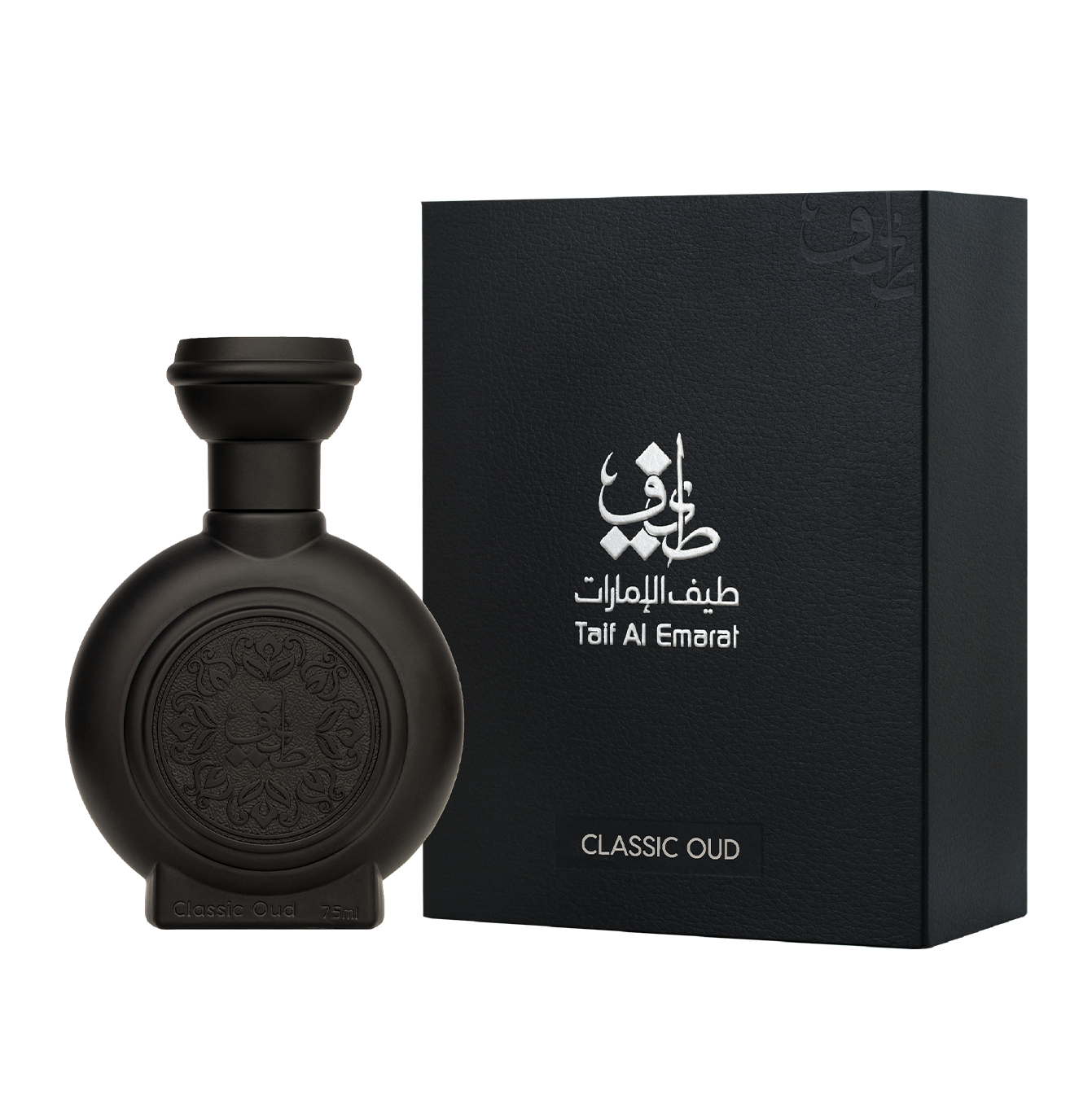 CLASSIC OUD unisex perfume bottle 75ml, standing beside taif al emarat fancy black box with taif al emarat logo in white - musky oud perfume