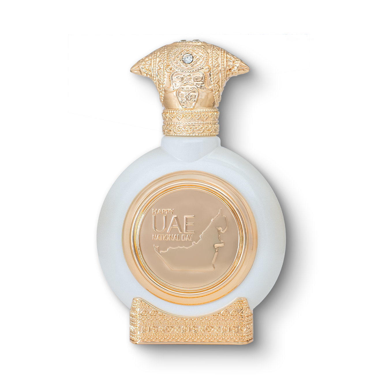 EMIRATES LAND best men perfume bottle 75ml - white fancy perfume bottle, with a luxurious golden bottom and an embossed golden cap, the center of the perfume bottle embossed with a golden portrait of uae - greatest men's fragrances of all time