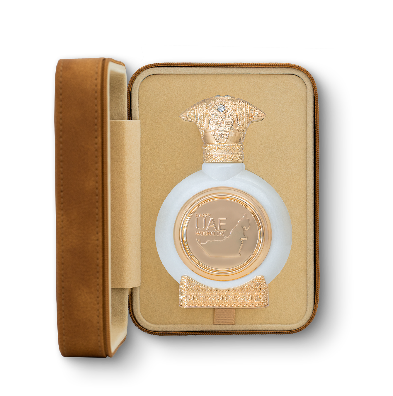 fancy leather open box in brown color contains EMIRATES LAND men perfumes - mandarin fragrance