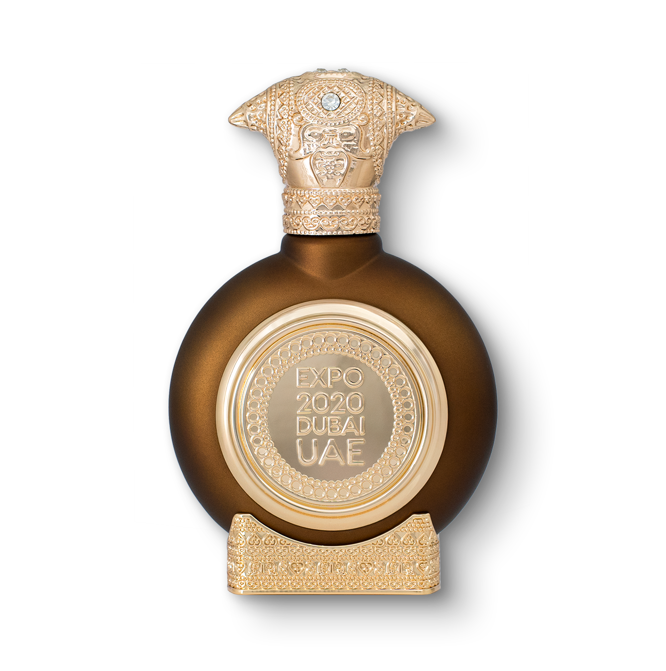 Expo 2020 unisex perfume bottle 75ml - brown fancy perfume bottle, with a luxurious golden bottom and an embossed golden cap, the center of the perfume bottle embossed with a golden logo of expo 2020 dubai uae - best perfume