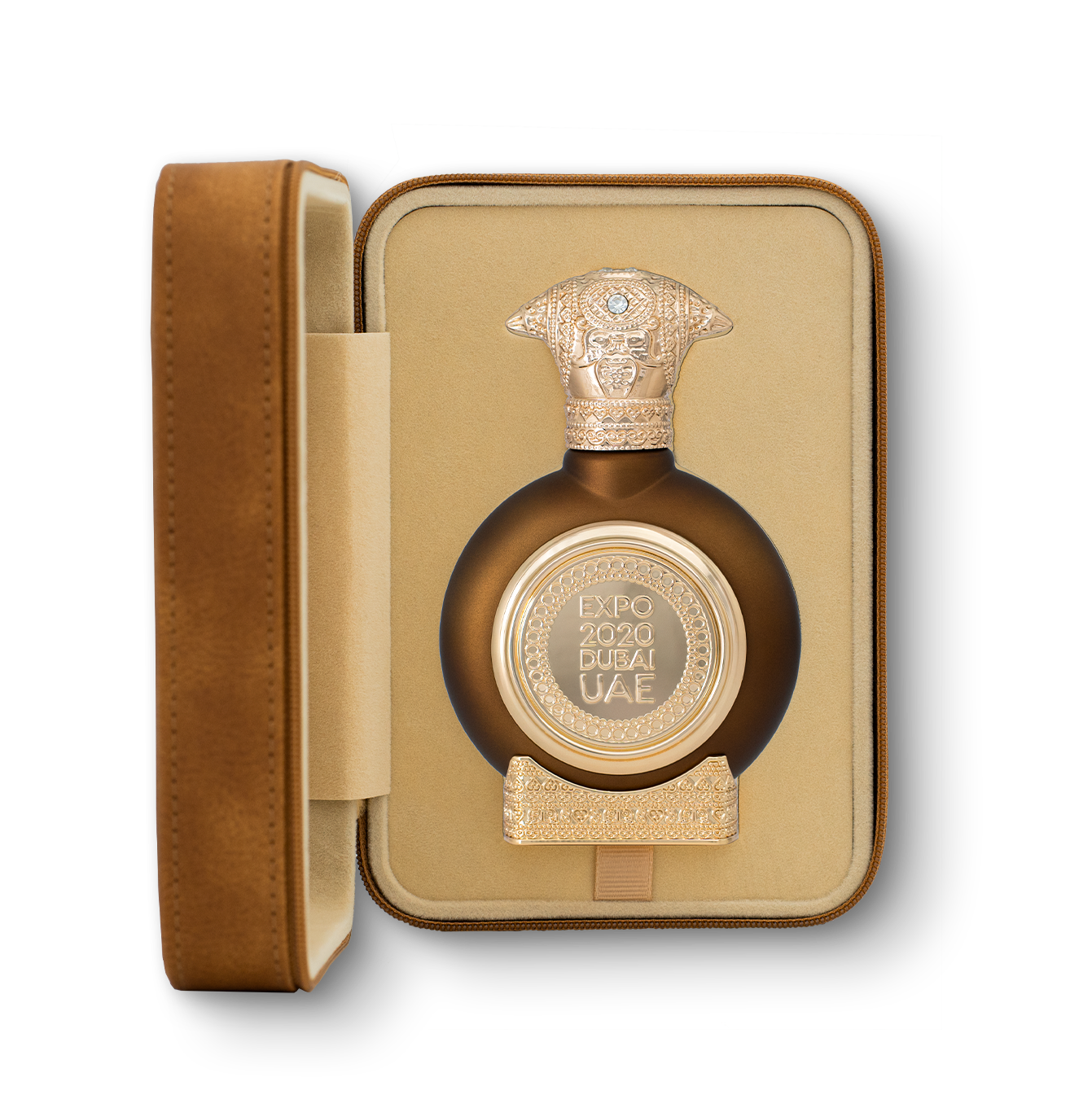 fancy leather open box in brown color contains Expo 2020 unisex perfume bottle 75ml from taif al emarat perfumes - طيف الإمارات للعطور taif al emarat perfume