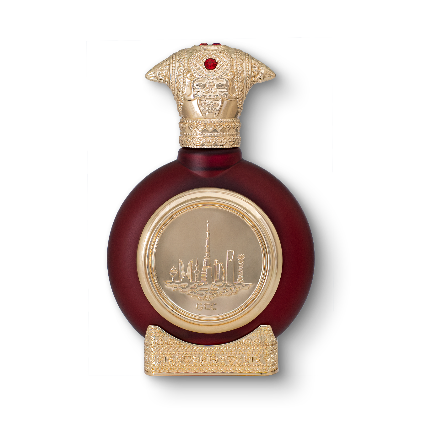 GCC unisex perfume bottle 75ml - maroon luxury perfume bottle, with a luxurious golden bottom and an embossed golden cap, the center of the perfume bottle embossed with a golden portrait of gcc - luxurious iris fragrance
