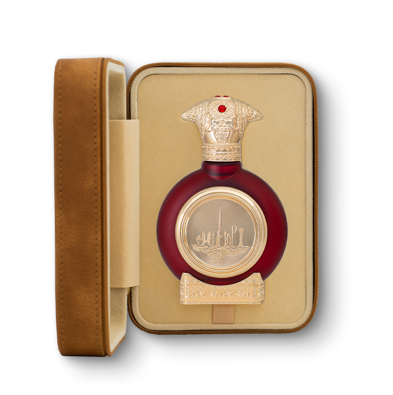 fancy leather open box in brown color contains GCC unisex perfume bottle 75ml from taif al emarat perfumes - iris perfume