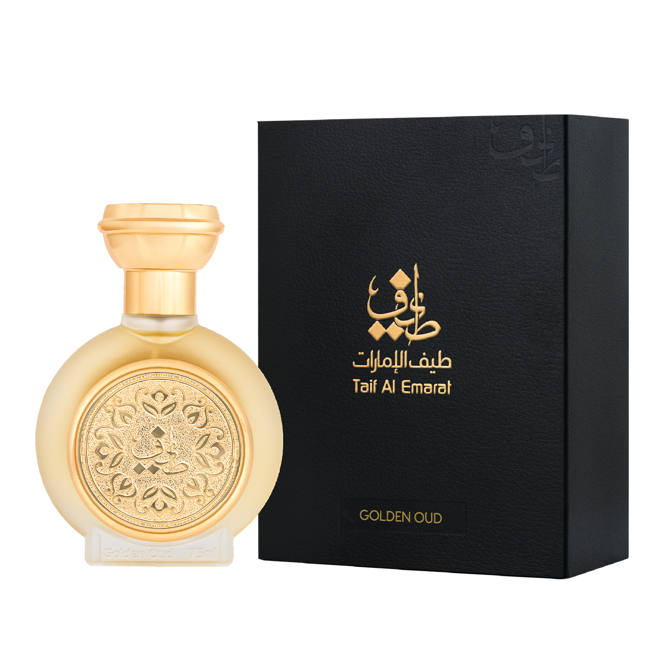 GOLDEN OUD unisex perfume bottle 75ml - standing beside taif al emarat fancy black box with taif al emarat logo in gold color - gourmand perfume