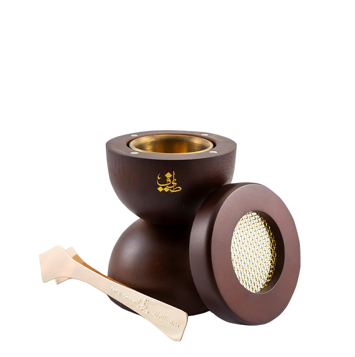Wooden Bakhoor burner beside brass tongs - magnetize hair cover - Hair Incense Burner (Brown) - best oud bakhoor burner in dubai