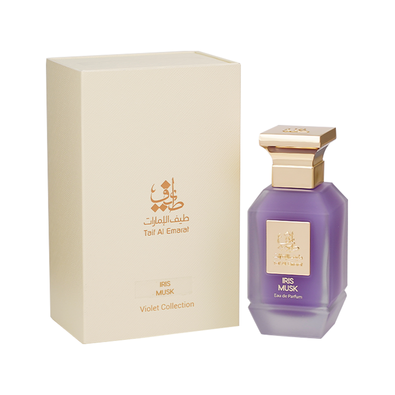Iris Musk women's perfume bottle 75ml standing beside cream luxury perfume box embossed with taif al emarat logo in golden color - citrus perfume