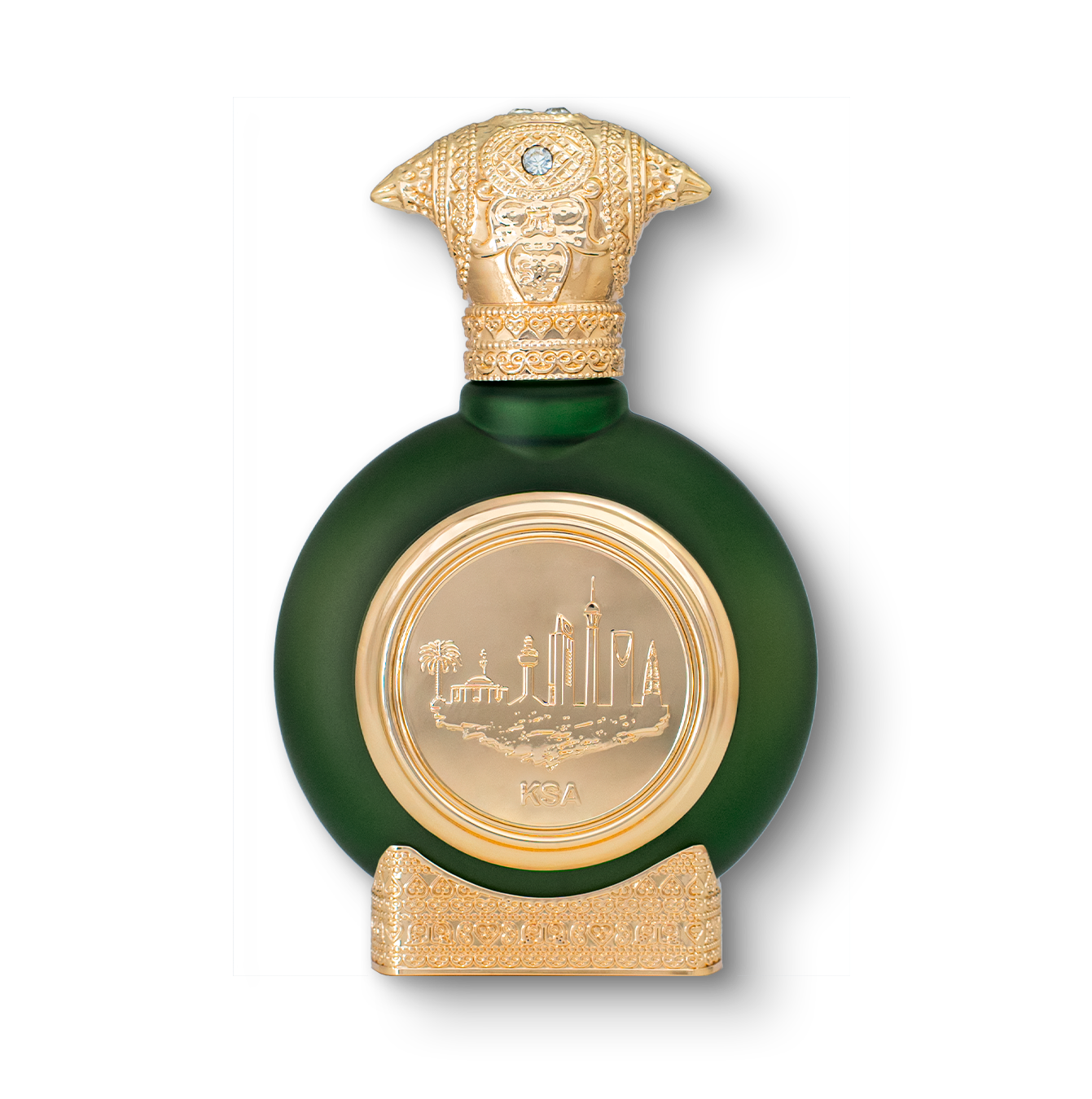 KSA unisex perfume bottle 75ml - dark green elegant perfume bottle, with a luxurious golden bottom and an embossed golden cap, the center of the perfume bottle embossed with a golden portrait of KSA - best unisex perfume