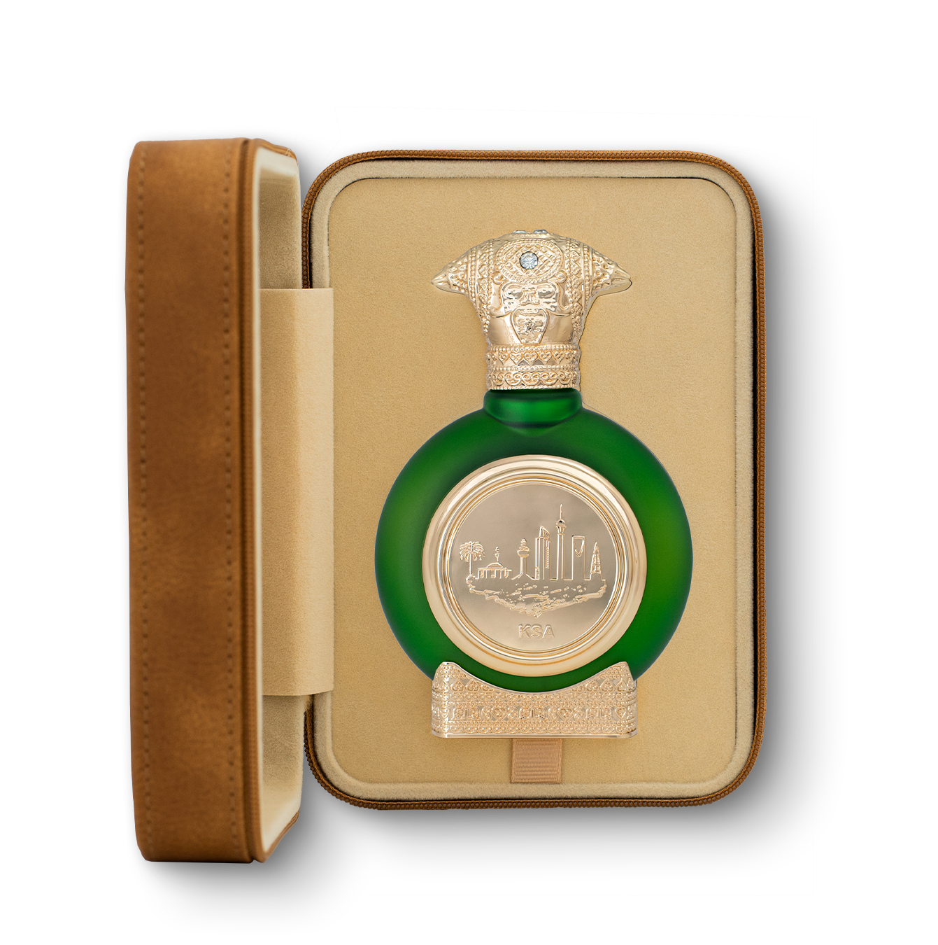 fancy leather open box in brown color contains KSA unisex perfume bottle 75ml from taif al emarat perfumes - oud fragrance