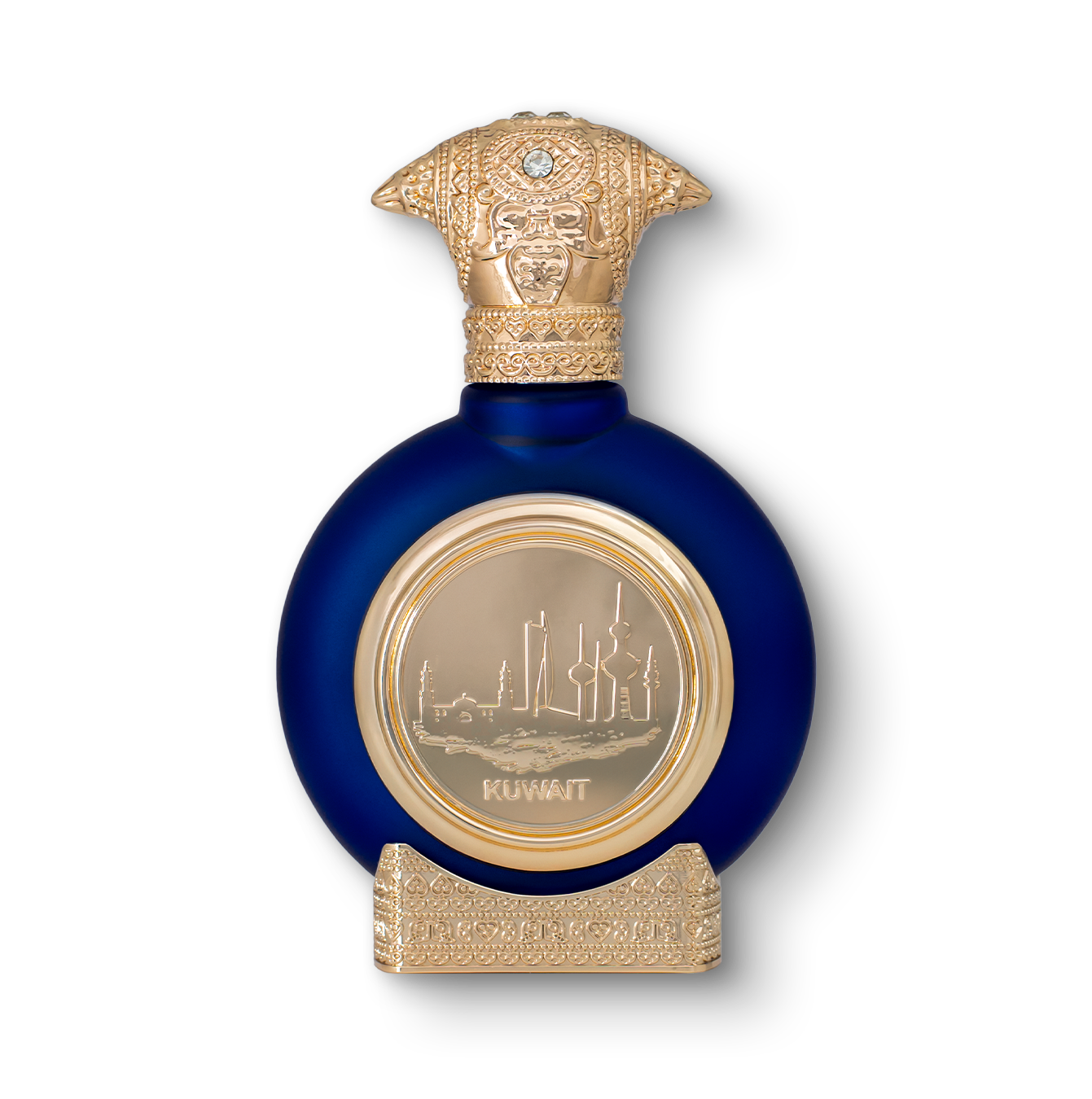 KUWAIT unisex perfume bottle 75ml - dark blue fancy perfume bottle, with a luxurious golden bottom and an embossed golden cap, the center of the perfume bottle embossed with a golden portrait of kuwait - best oud fragrances
