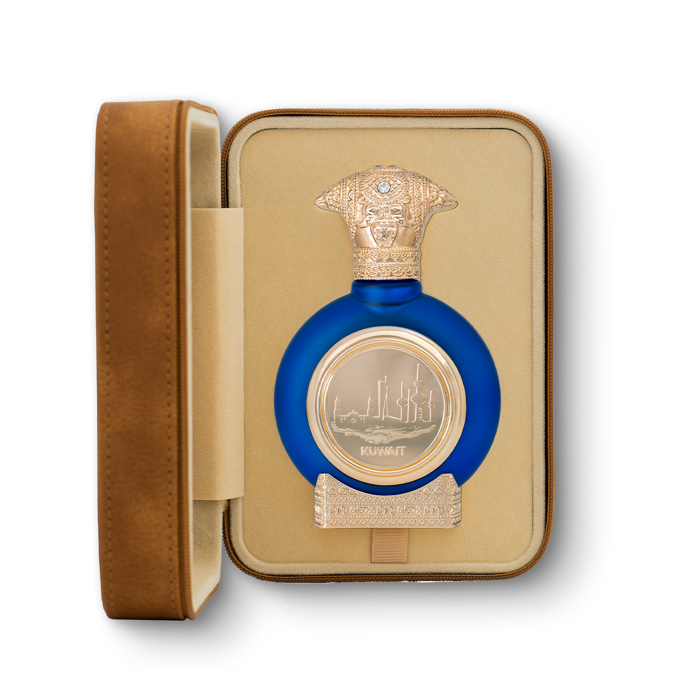 fancy leather open box in brown color contains KUWAIT unisex perfume bottle 75ml from taif al emarat perfumes - arabic perfumes online