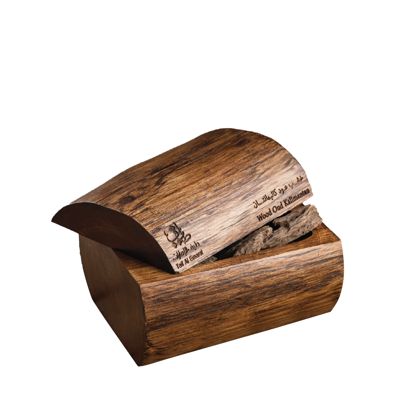 Arched wooden box open with agarwood oud wood - Wood Oud Kalimantan 120g - best natural oud scent in Dubai