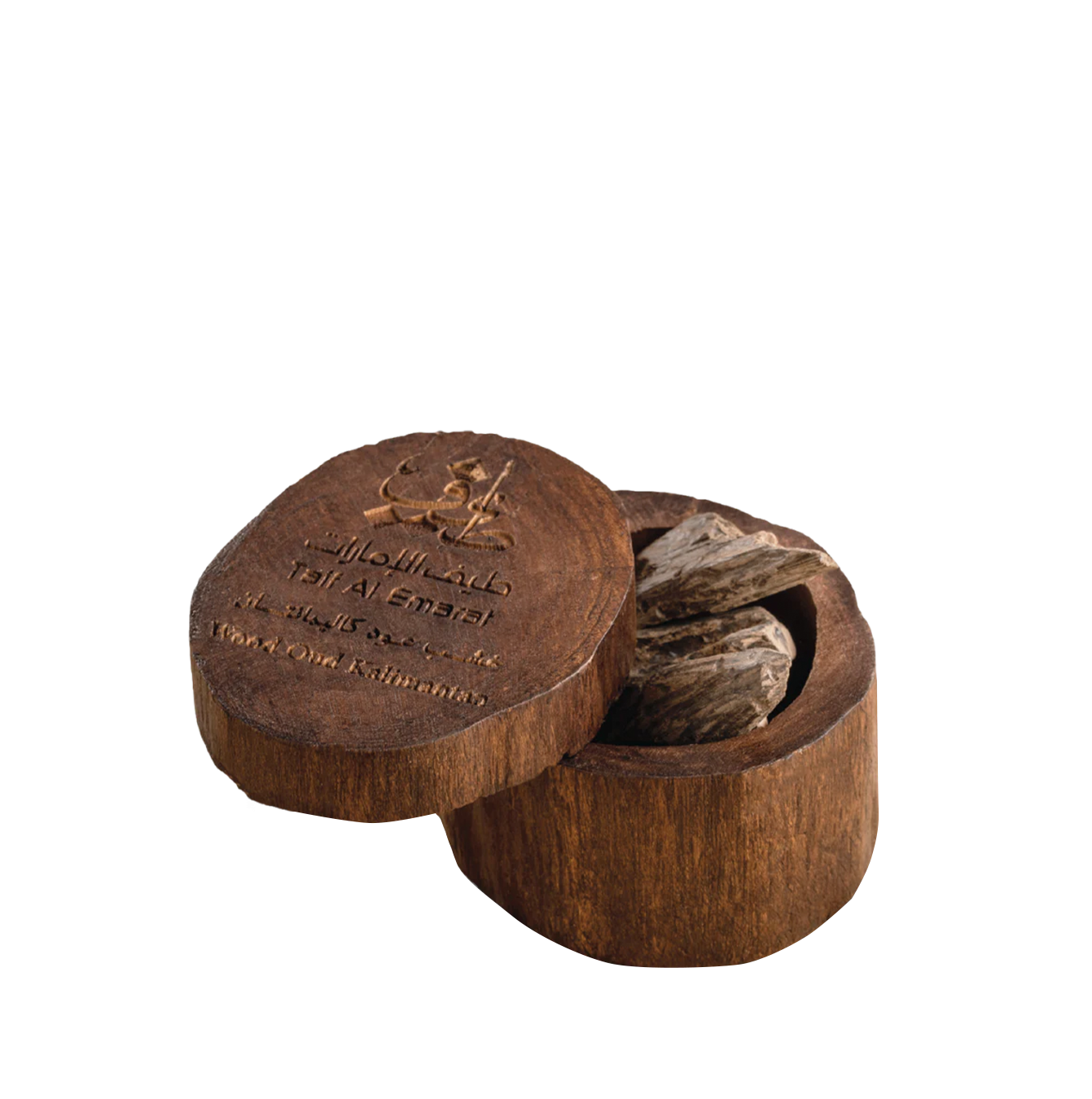 Round wooden container embossed with taif al emarat logo full with oud chips, Wood Oud Kalimantan 36g - buy oud wood dubai