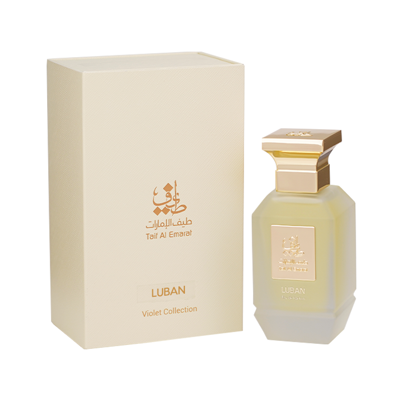 Luban unisex perfume bottle 75ml standing beside luxury cream box with taif al emarat golden logo - bergamot perfume
