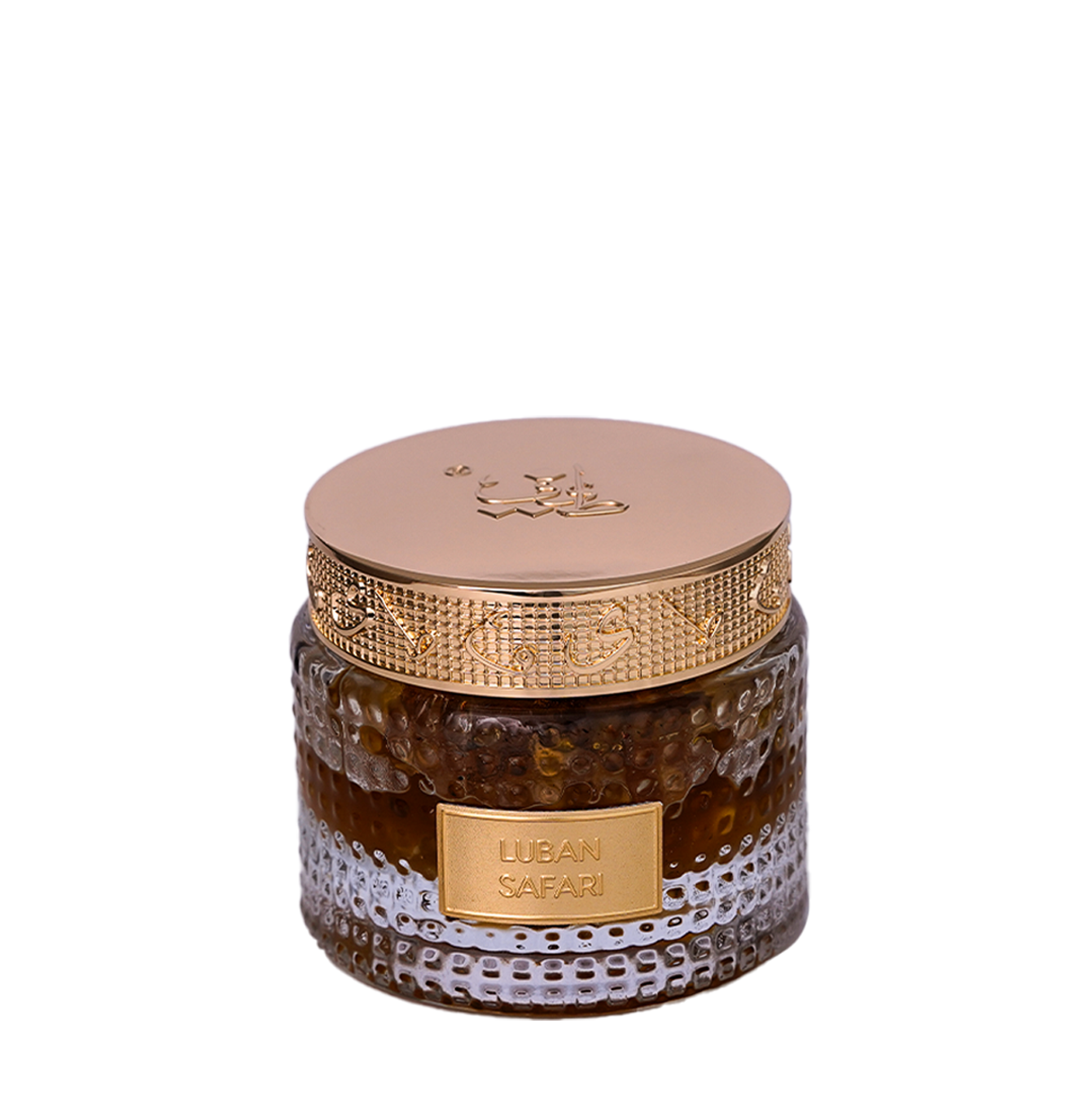 Luban bakhoor glass jar closed with gold cap - Luban Safari - high quality luban bakhoor in uae