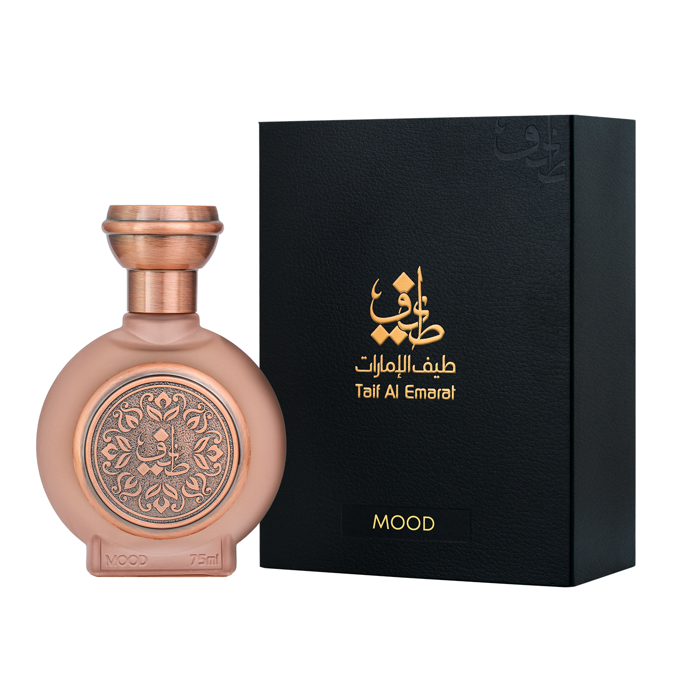 MOOD unisex perfume bottle 75ml, standing beside fancy taif al emarat luxury black box - gourmand edp fragrance
