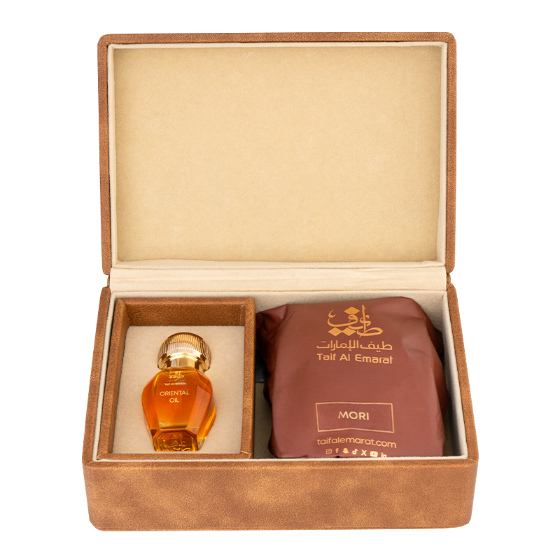Luxury gift box holding oriental oil and pouch - Mori Oud Set - best wedding gift for friend in dubai