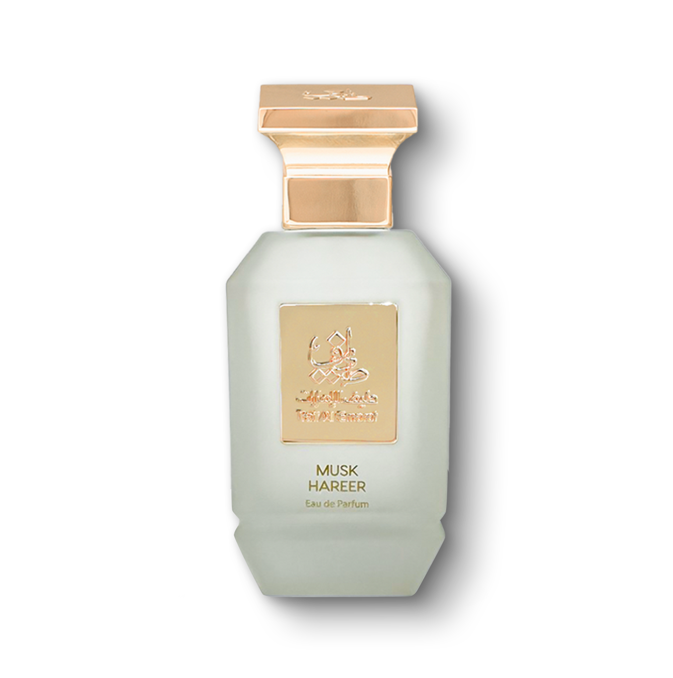 luxury Musk Hareer women's perfume bottle 75ml with a golden nameplate embossed with taif al emarat logo and name - covered with a golden cap - best oud musk perfume