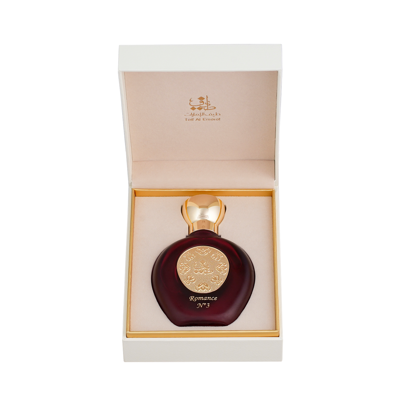 ROMANCE N°3 women's perfume bottle 75ml resting inside open white luxury box with gold color edges - rose musk perfume