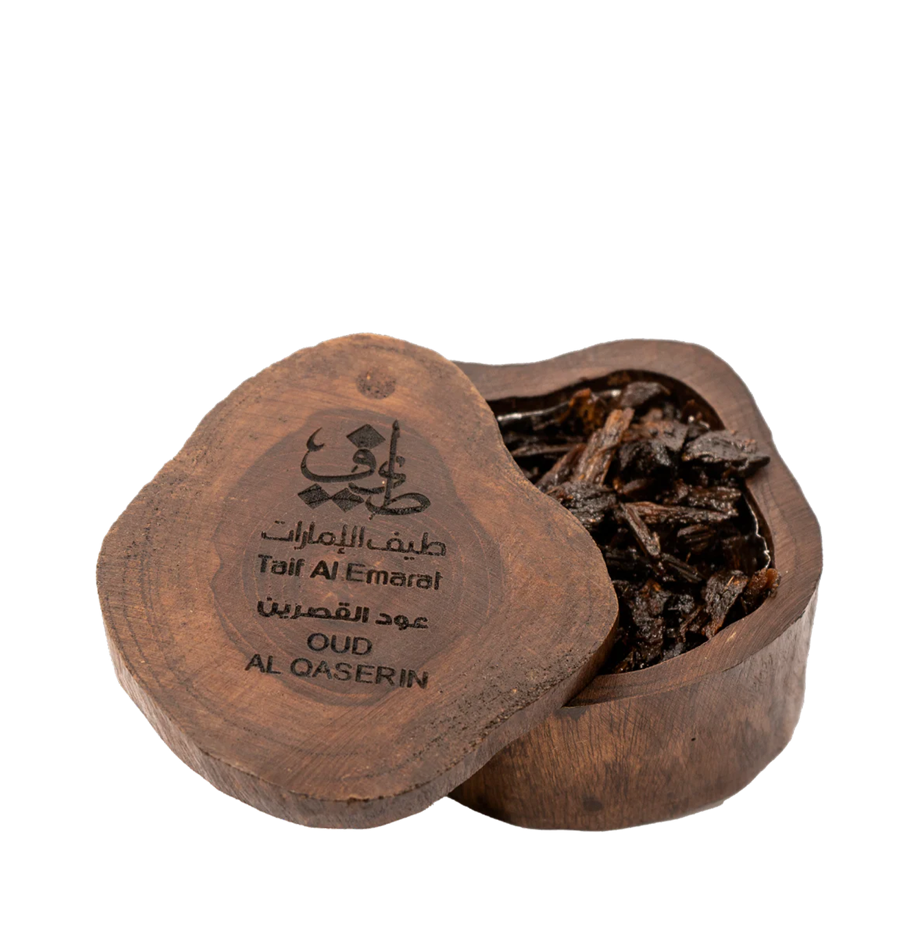 Wooden container embossed with taif al emarat logo, filled with oud chips - dkhoun in uae - Oud Al Qaserin 60g - Malaysian Agarwood