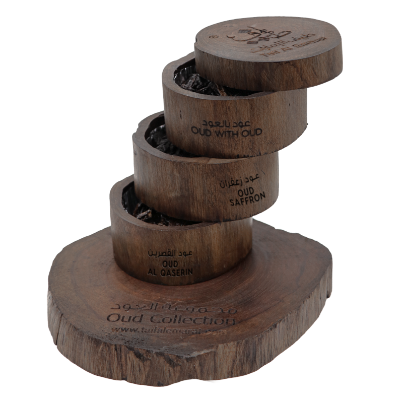 Stacked wooden containers with oud wood bakhoor inside - Oud Collection 108g - best oud wood gift set in uae