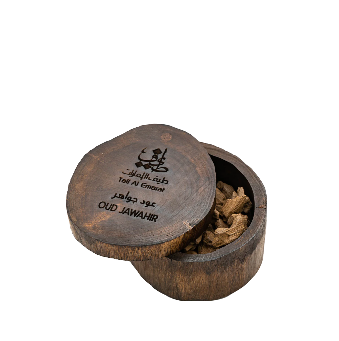 Round container with oud wood chips - oud from taif al emarat - Oud Jawahir 60g - best natural oud in dubai