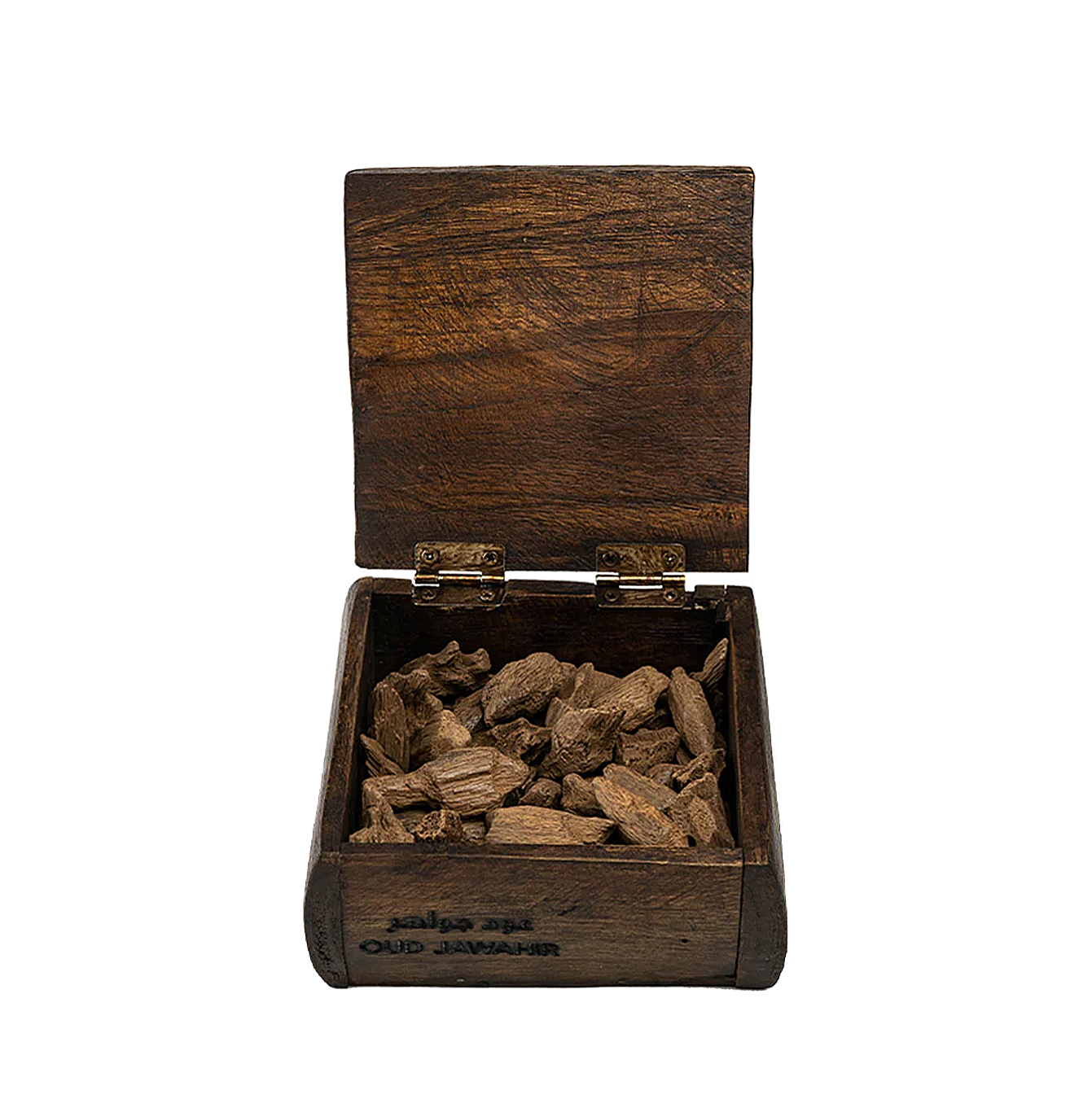Hinged wooden box open with oud wood - Oud Jawahir 96g - best natural oud incense in Dubai