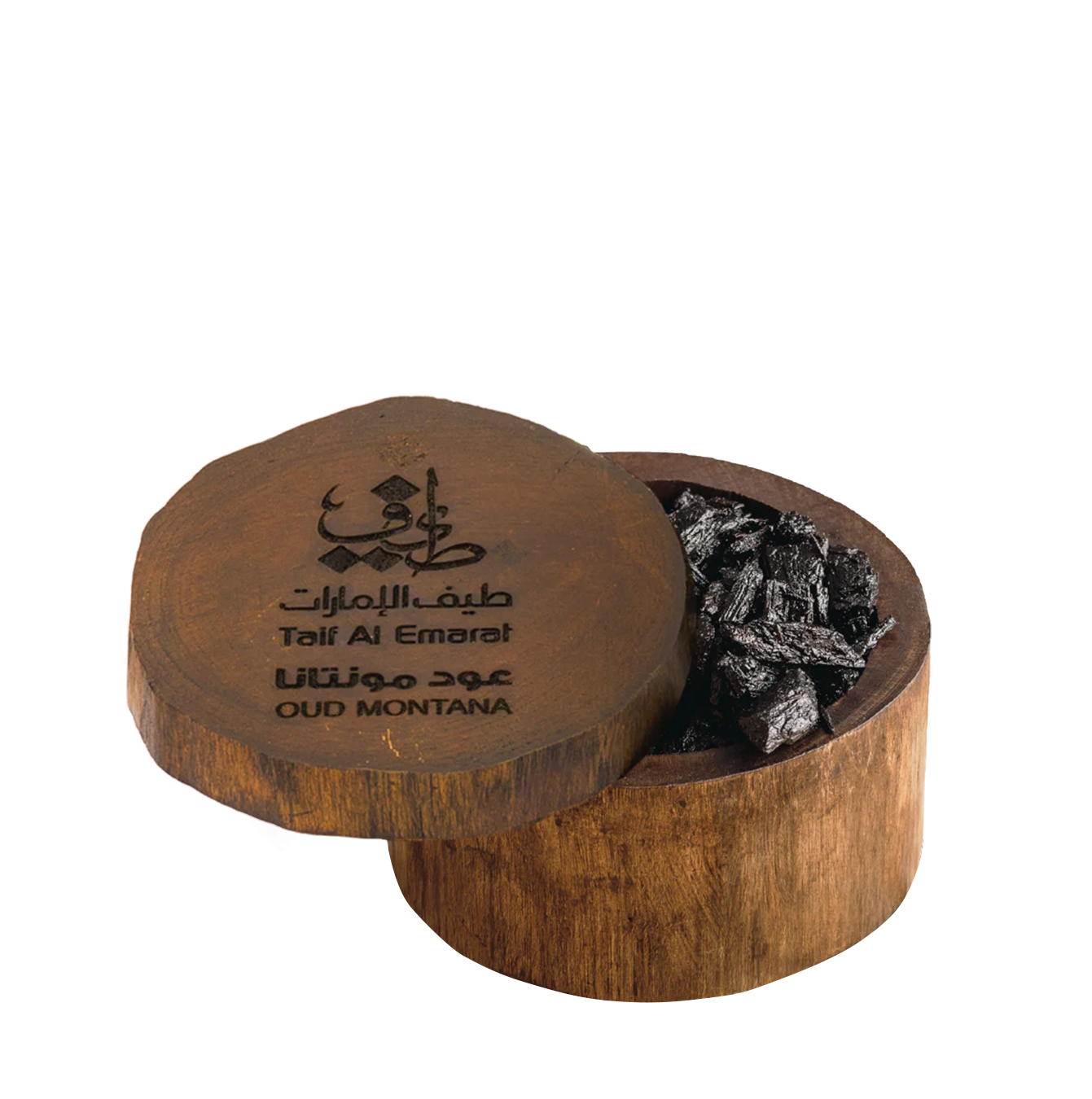 Wooden container open with dark oud chunks - Oud Montana 50g - dukhoon al oud - high quality oud wood Dubai