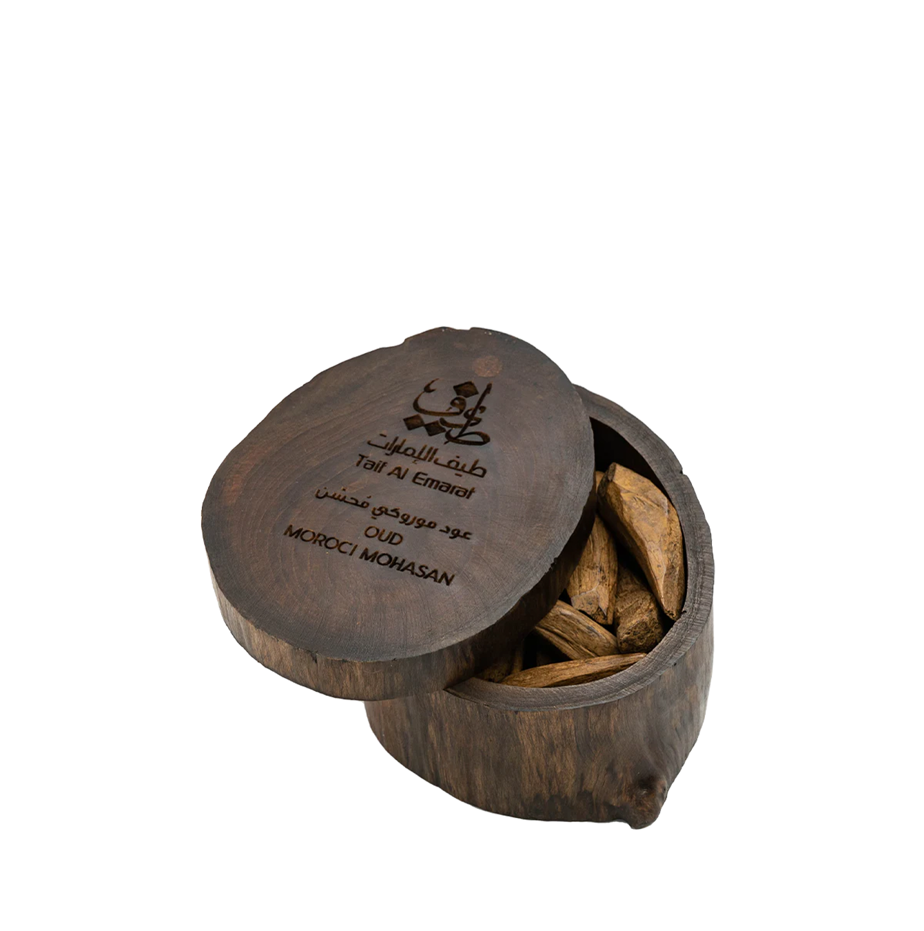 Container showing oud wood pieces inside - Oud Moroci Mohasen 60g - natural oud in uae