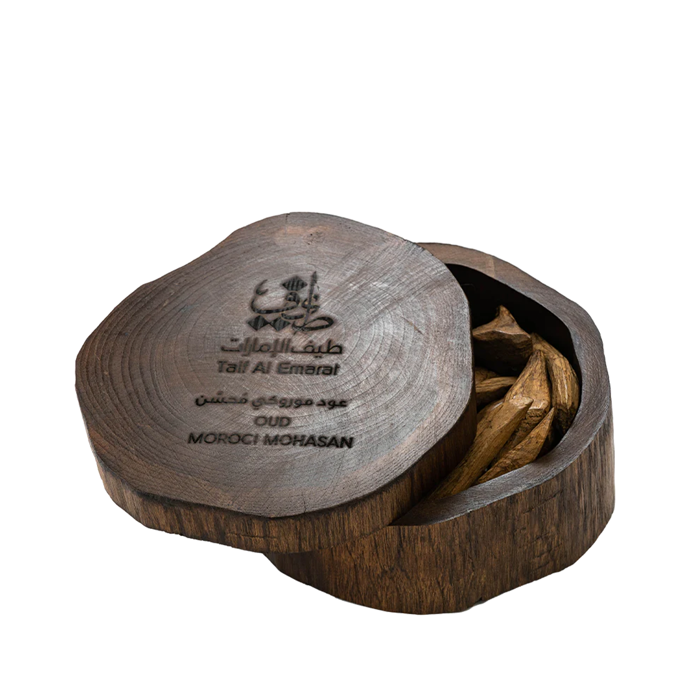 Wooden container filled with oud wood bakhoor - Oud Moroci Mohasen 96g - best natural oud in Dubai