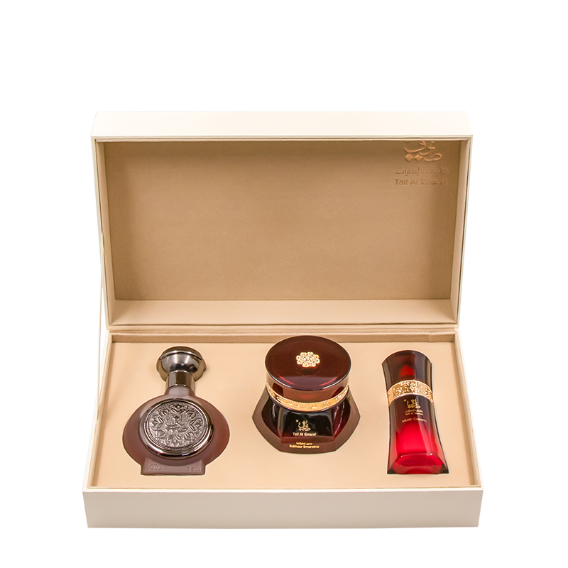 fancy gift box holding taif al emarat perfume, Bakhoor, and all over mist - Personalized Gift Box 2 - luxury perfume gift sets in dubai