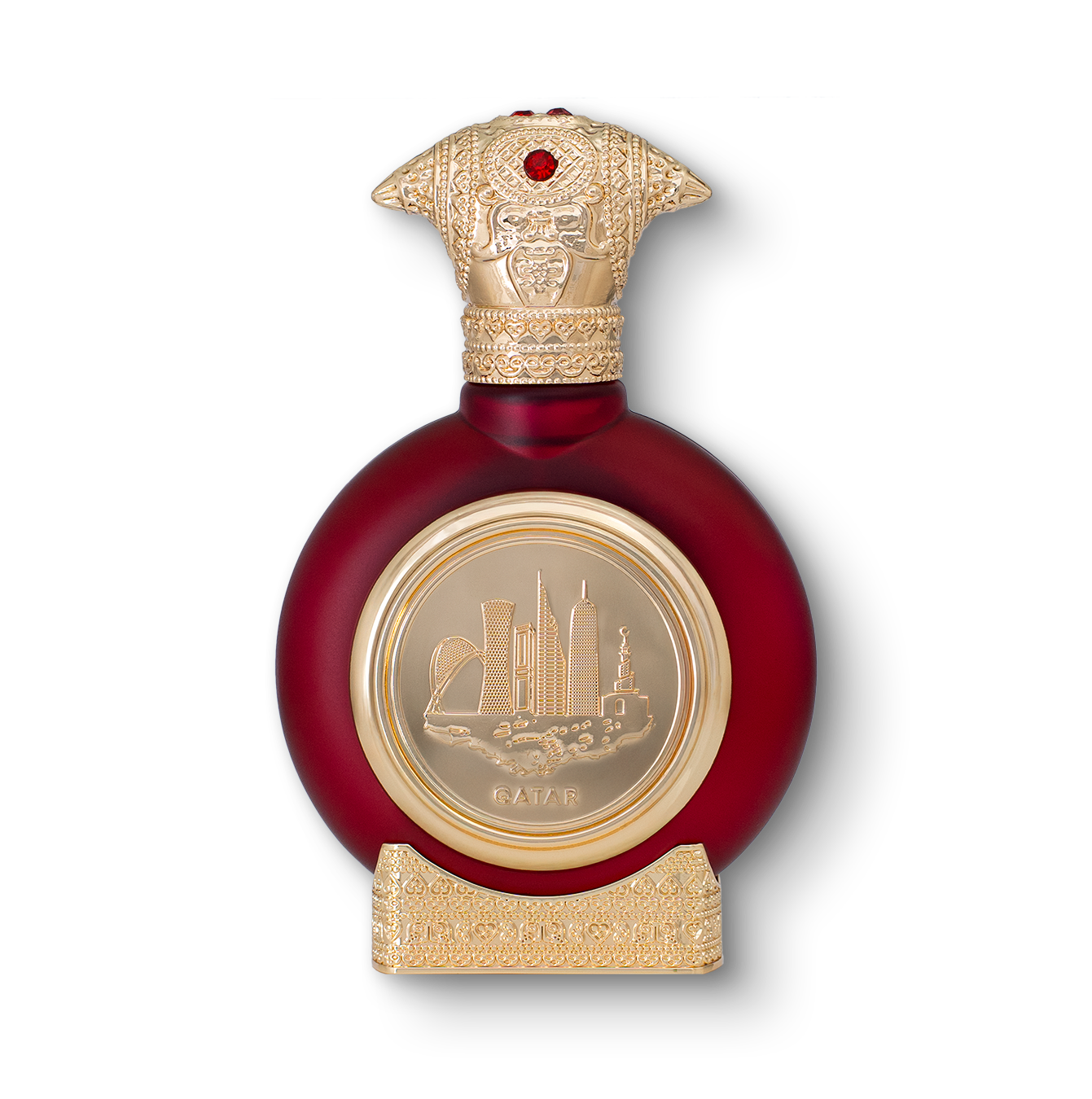 زجاجة عطر قطر للجنسين 75 مل - زجاجة حمراء داكنة أنيقة بقاعدة ذهبية فاخرة وغطاء ذهبي منقوش، ويتوسط الزجاجة نقش ذهبي لمعلم قطر - أفخم عطر دبي عود في أبو ظبي