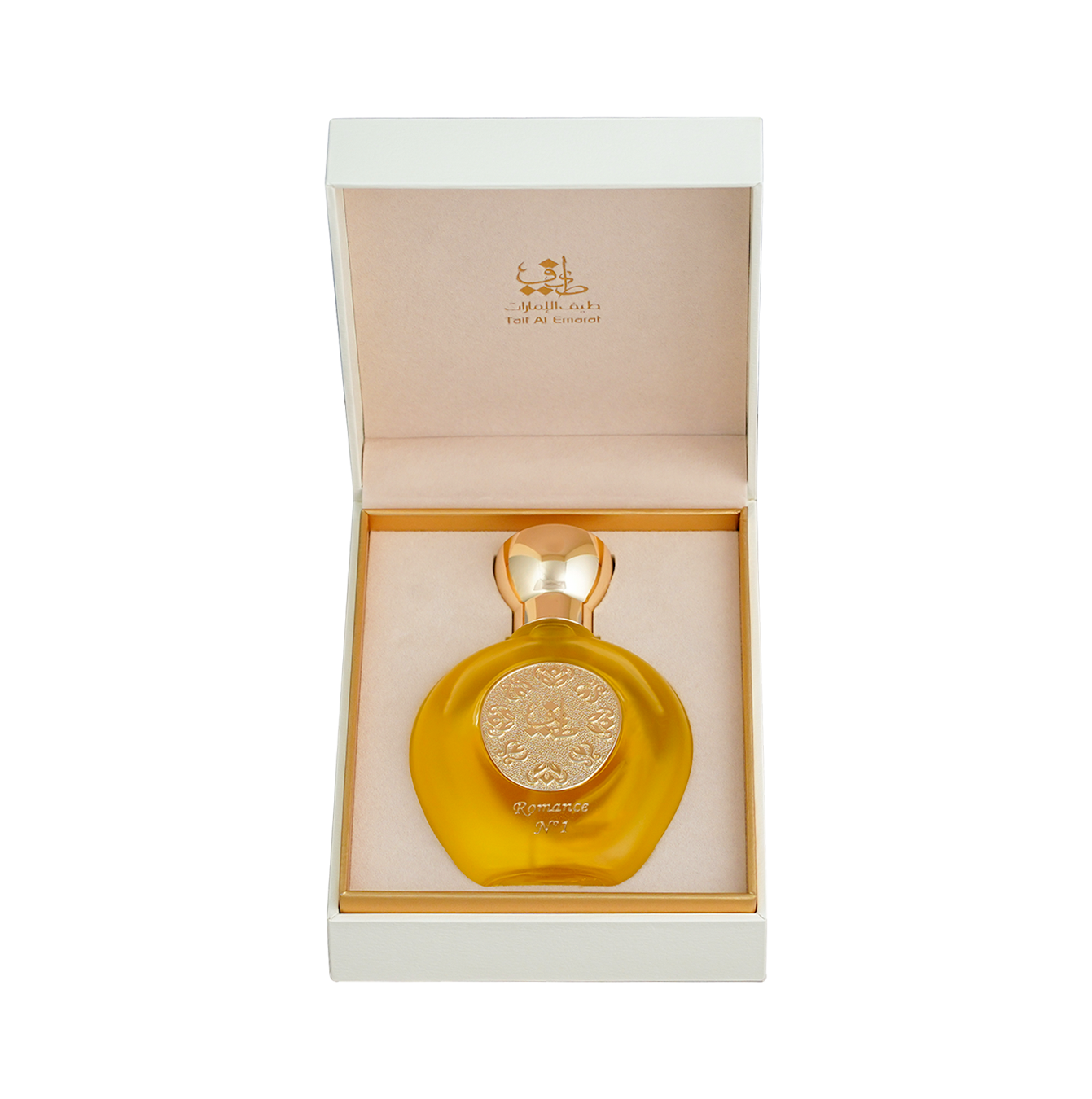 ROMANCE N°1 women's perfume bottle 75ml nestled inside open white luxury box with golden edges - lemon smell perfume