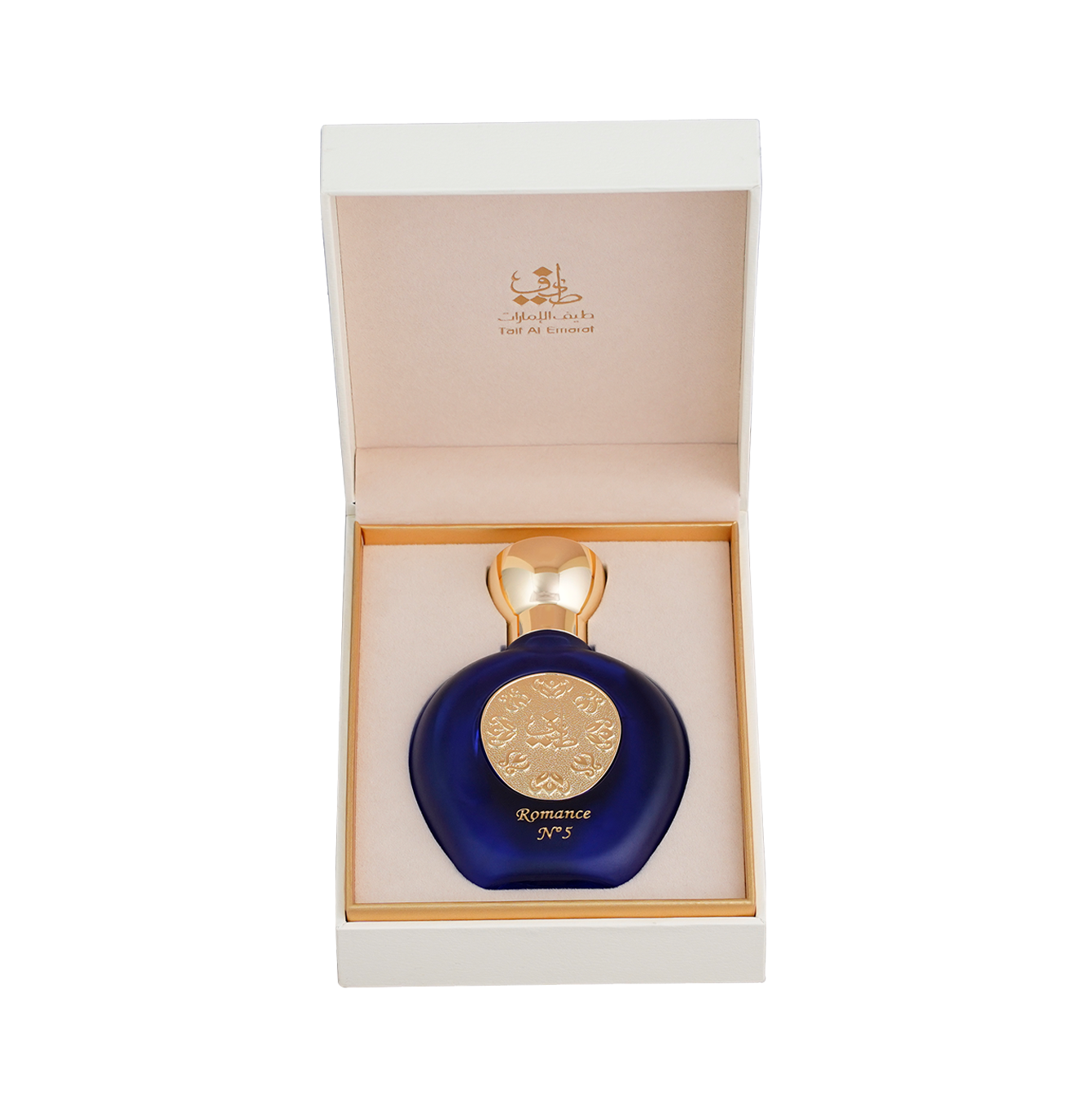زجاجة عطر نسائي رومانس 5°N 75 مل داخل علبة بيضاء أنيقة مفتوحة بحواف ذهبية - افضل عطر عنبر نسائي