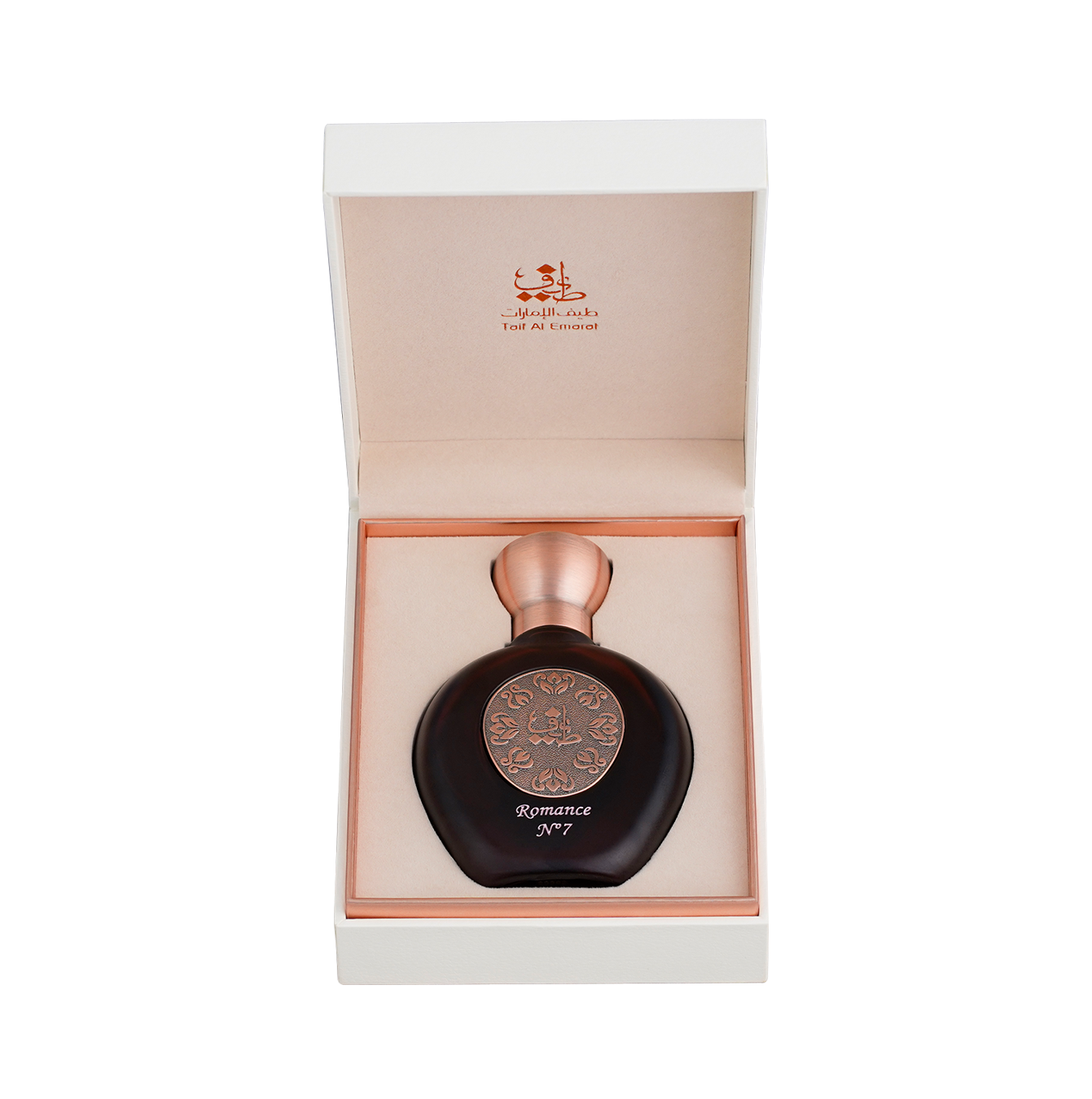 Open white fancy perfume box cradling ROMANCE N°7 women's perfume bottle 75ml - saffron perfume