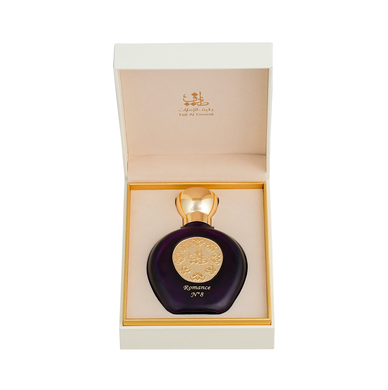 Open white luxury box contains ROMANCE N°8 women's perfume bottle 75ml - mandarin fragrance
