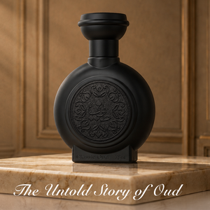 CLASSIC OUD unisex perfume bottle 75ml on warm marble corner, oud musk perfume