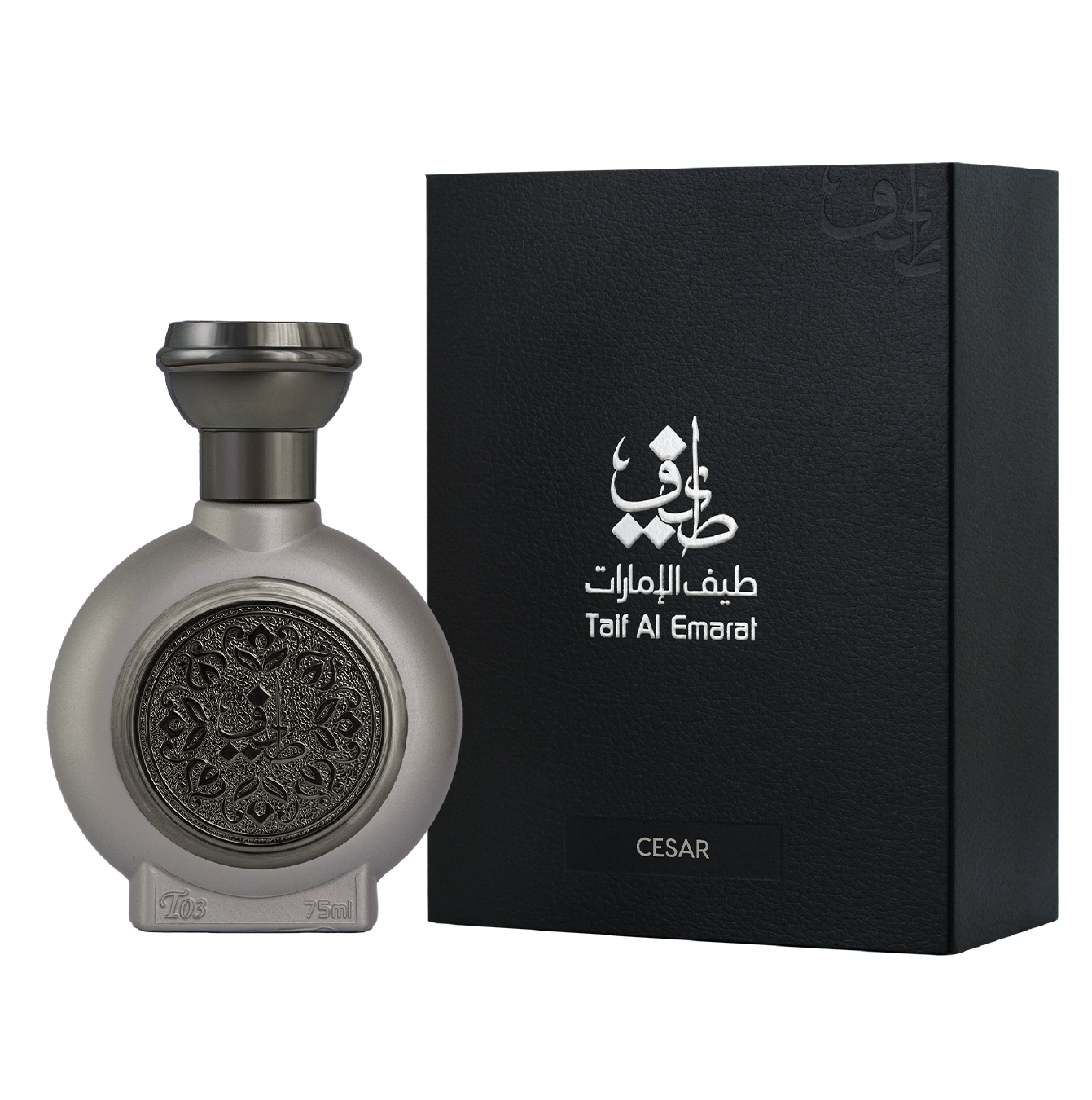 TAIF 03 unisex perfume bottle 75ml displayed beside taif al emarat elegant black box with taif al emarat white logo - top woody perfumes