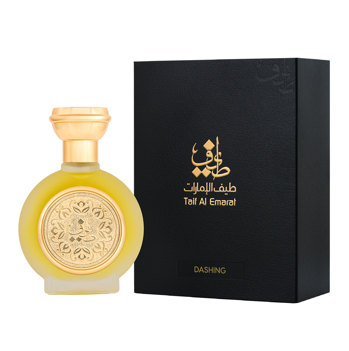 TAIF 04 unisex perfume bottle 75ml standing beside taif al emarat fancy black box with golden color taif al emarat logo - oriental oud perfume price