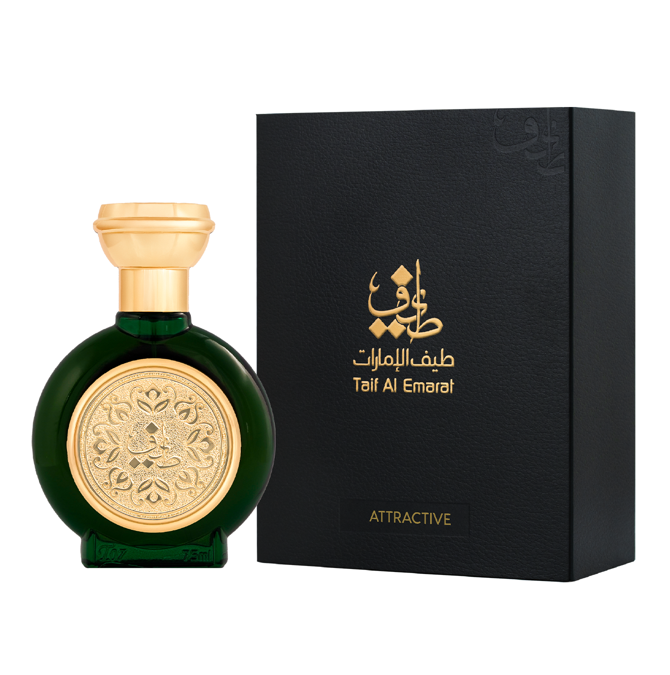 TAIF 07 unisex perfume bottle 75ml from taif al emarat perfumes, standing beside taif al emarat luxury black box with taif al emarat logo in golden color - best leather fragrances