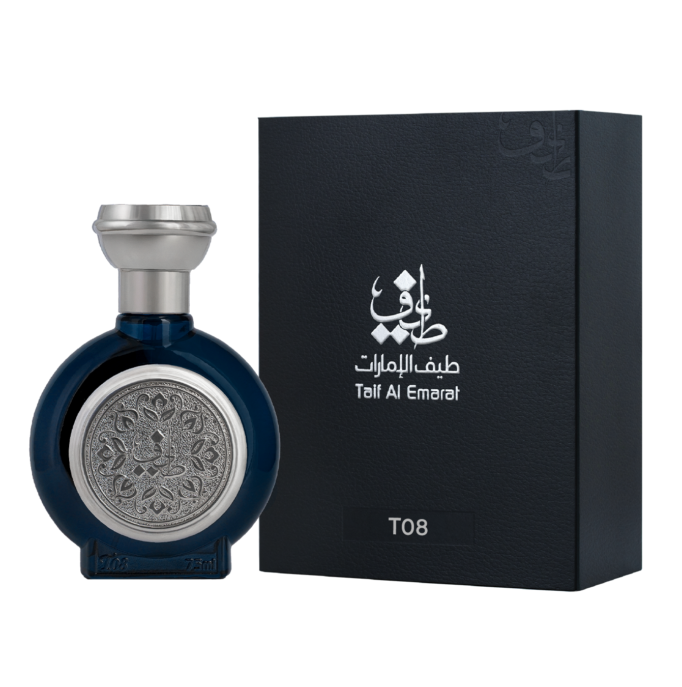 TAIF 08 unisex perfume bottle 75ml standing beside sleek black box, emirates pride in perfumes world - rose musk perfume - woody oriental perfumes
